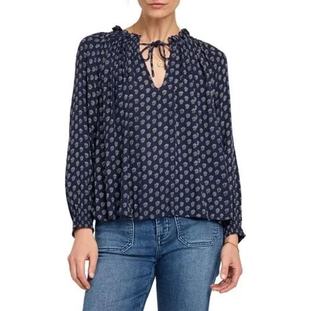 Faherty Emery Blouse Navy Floral Peasant Top Lightweight Boho size Small $168